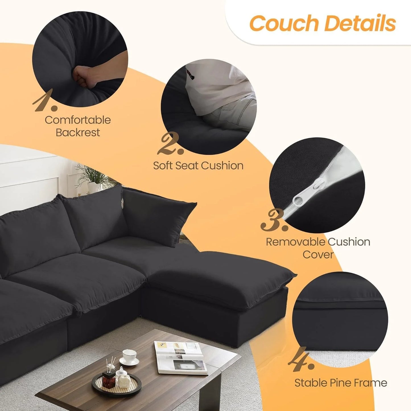 Sectional Sofa with Storage Ottoman - Black, White, or Beige