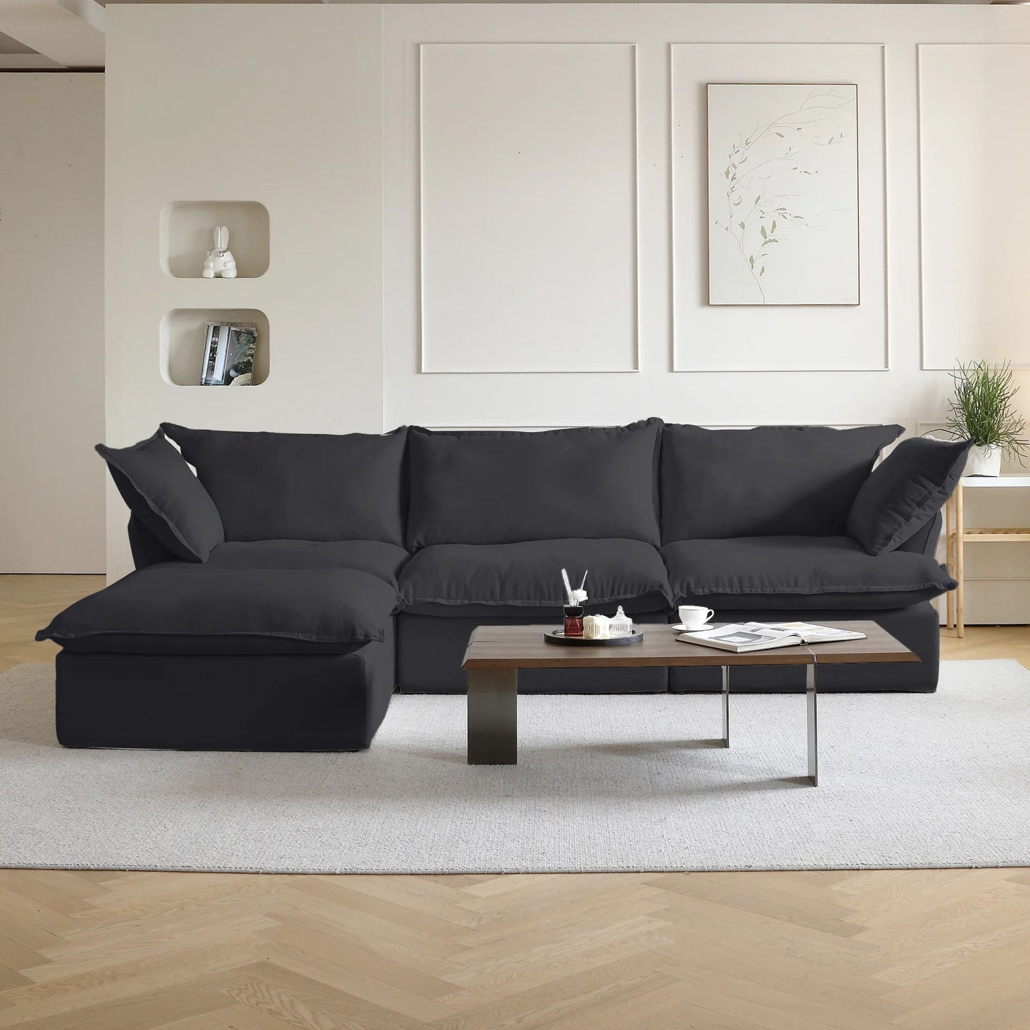 Sectional Sofa with Storage Ottoman - Black, White, or Beige